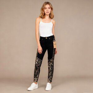 True Religion Halle Super Skinny Crop Gold Paneled Jeans Black Gold 23 EUC $268